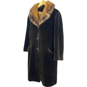 Vintage Tissavel France Dark Brown Faux Fur Coat with Tan Fur Collar Size M/L